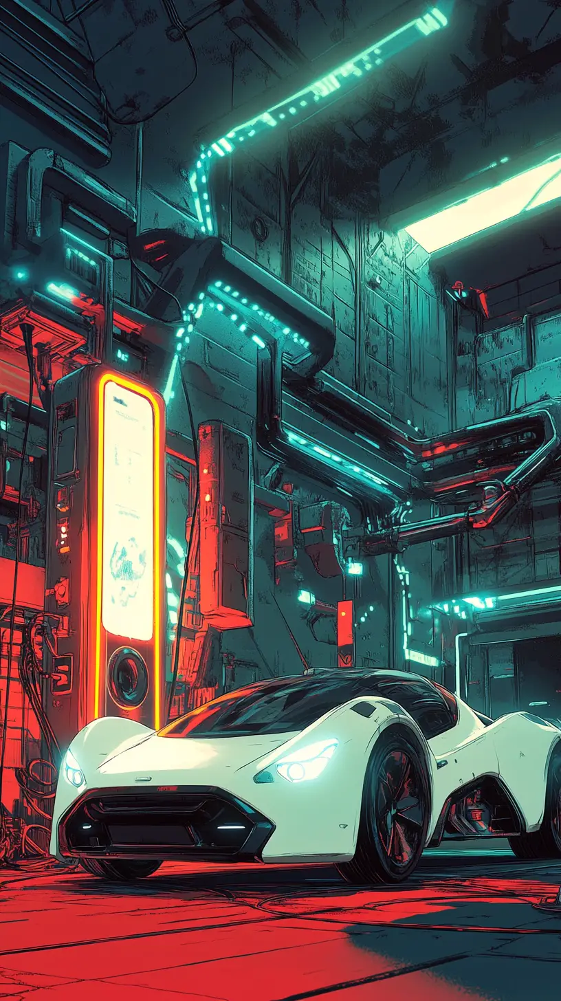 Robot Charging An Electric Car At Futuristic Neon Station
