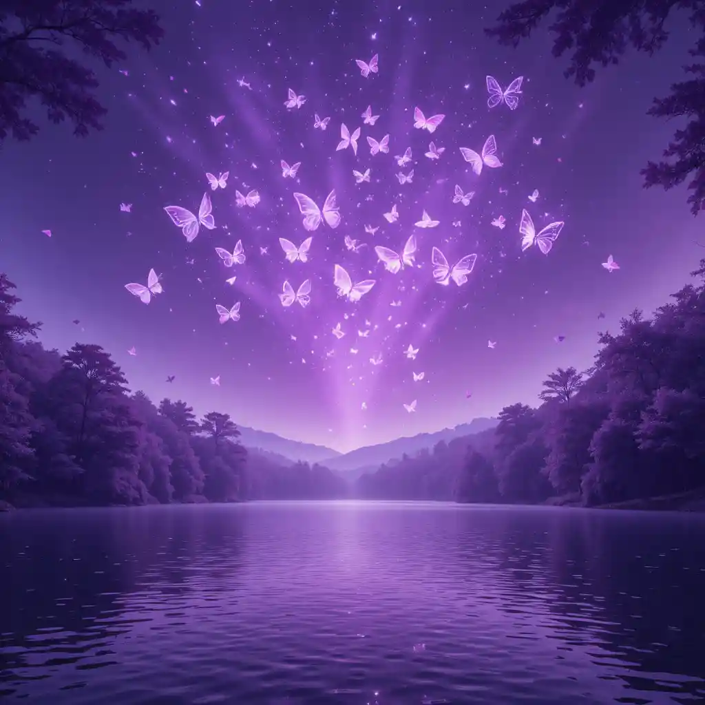 Glowing butterflies over a purple lake with trees