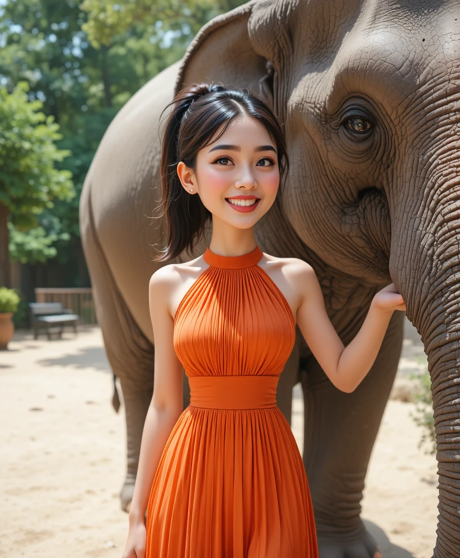 Giovane donna sorridente in abito arancione accanto a un elefante docile