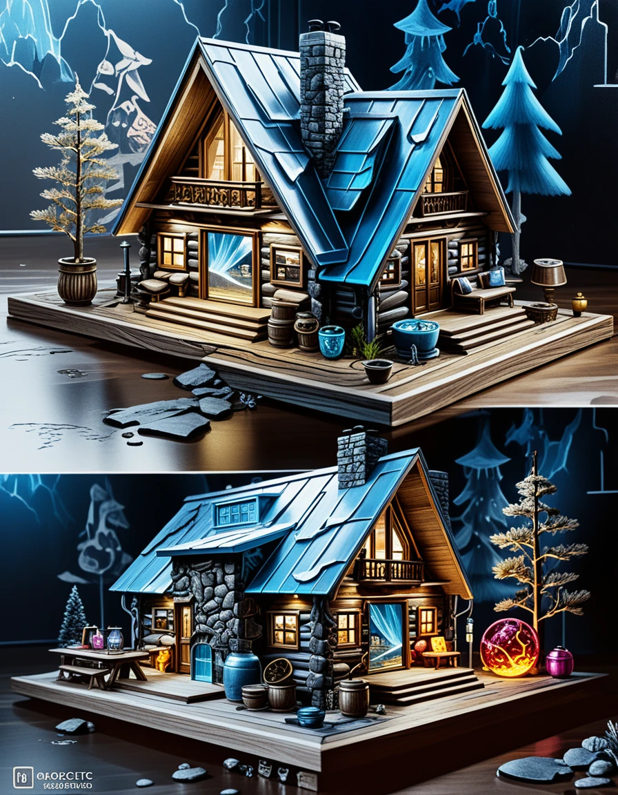 アイソメトリックAフレーム山小屋の室内外ジオラマ