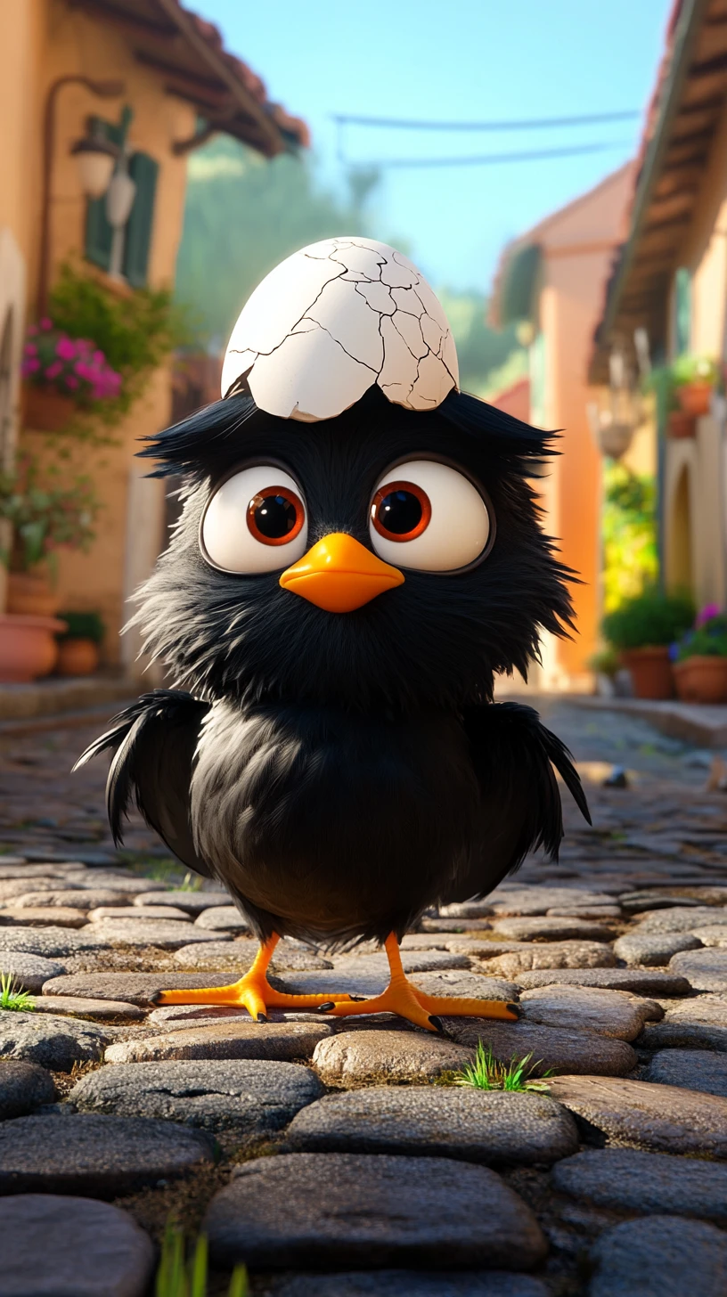 Pequeño pollito de dibujos animados en una calle adoquinada y soleada