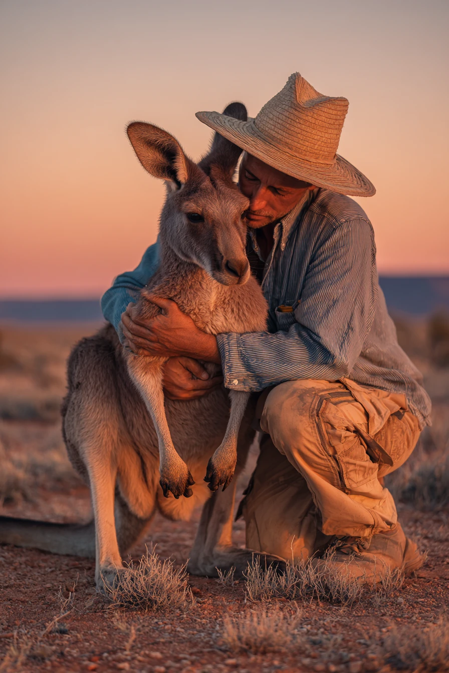 Man hugging a calm kangaroo at sunset in the desert