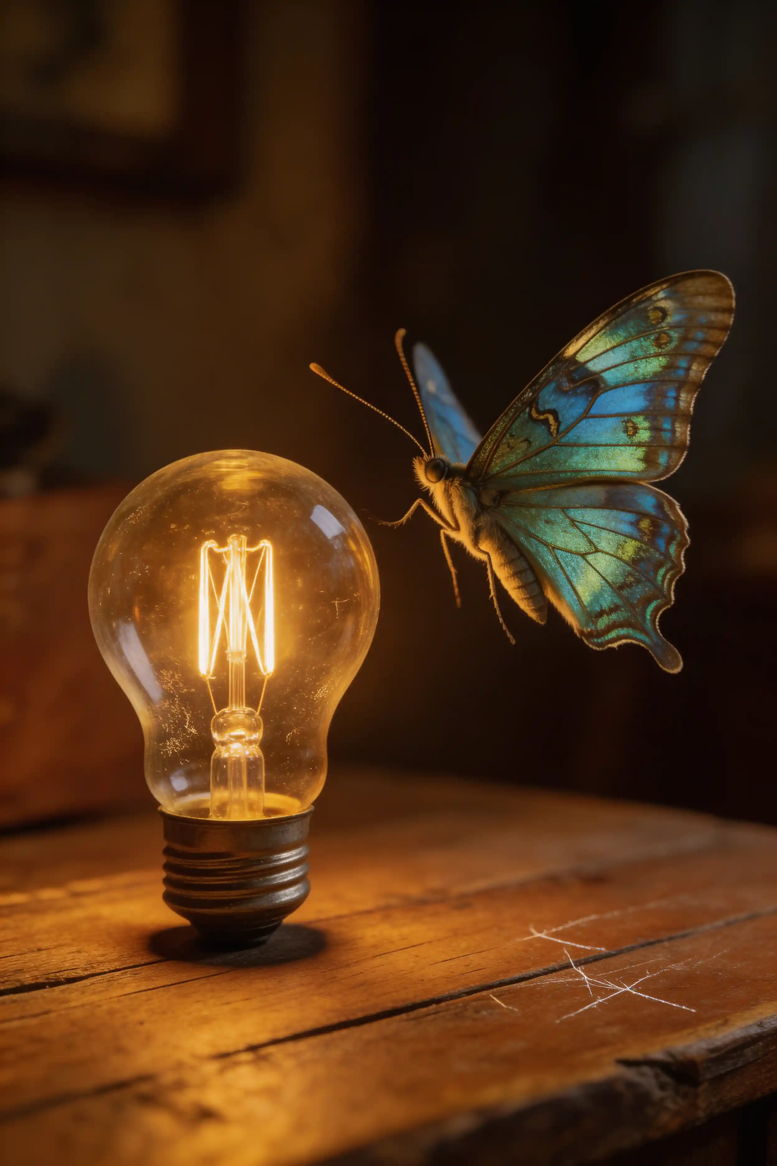 Vintage filament bulb and moth in warm nostalgic glow