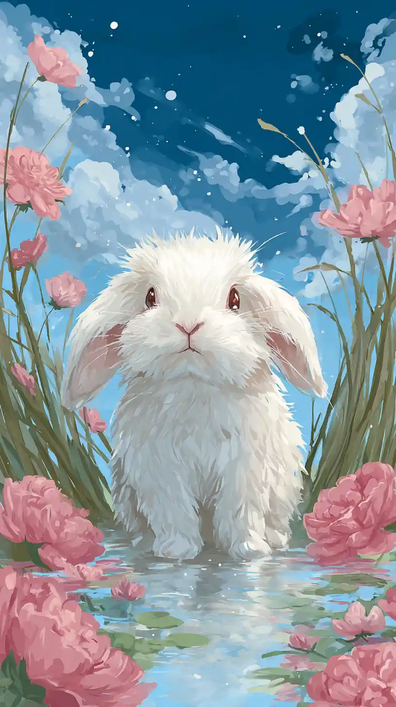 Shaggy white rabbit above water in pink flower field