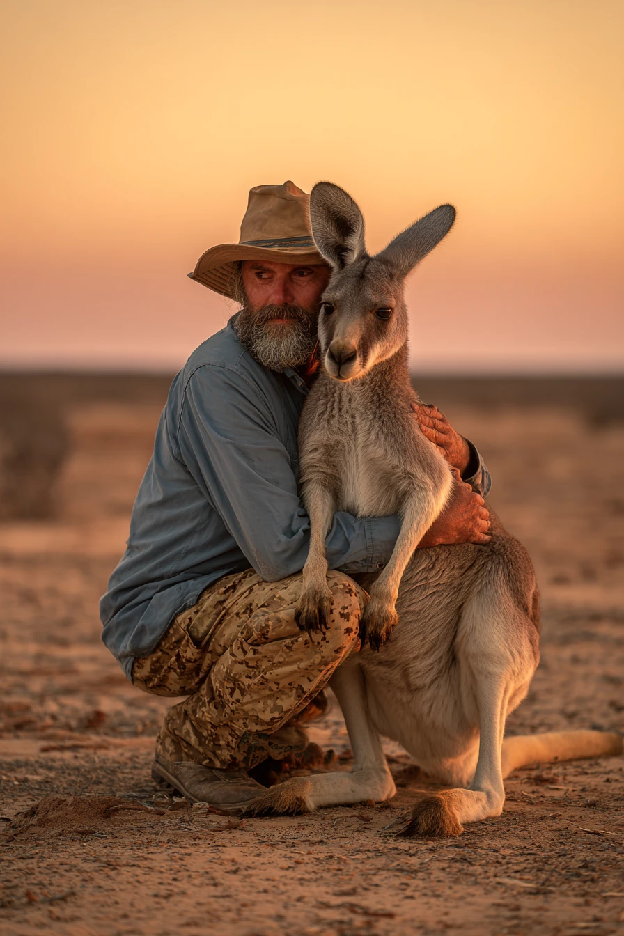 Man hugging a calm kangaroo at sunset in the outback
