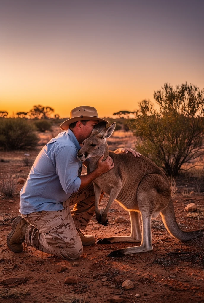 Man hugging a calm kangaroo at sunset in the outback