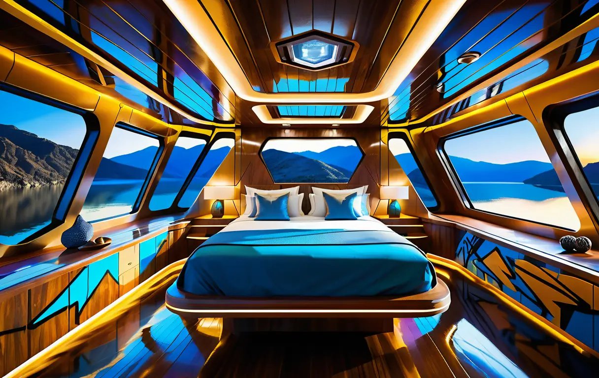 Intérieur futuriste d’une péniche de luxe illuminant des montagnes sombres