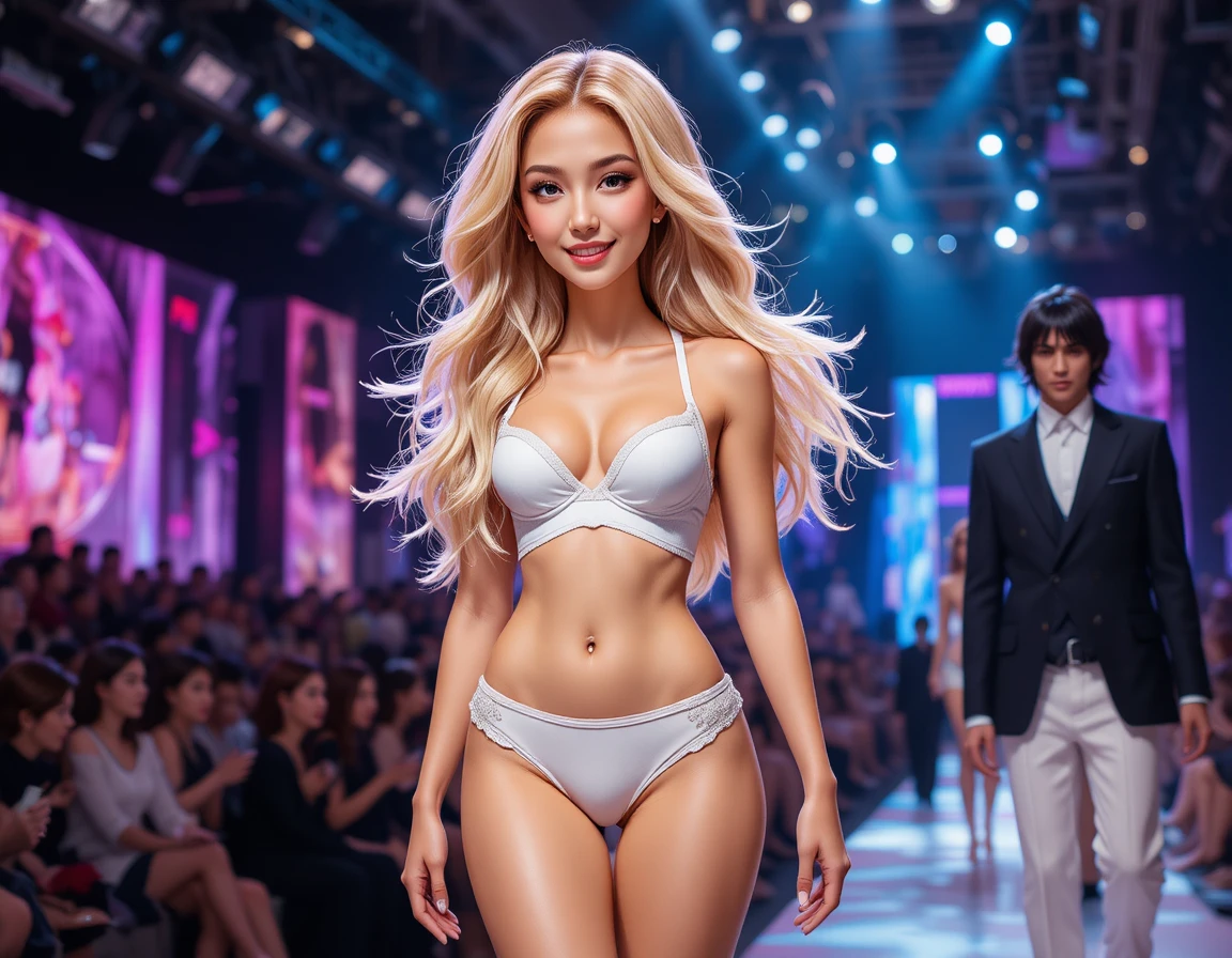 Modelo de lingerie loira com asas de penas na passarela