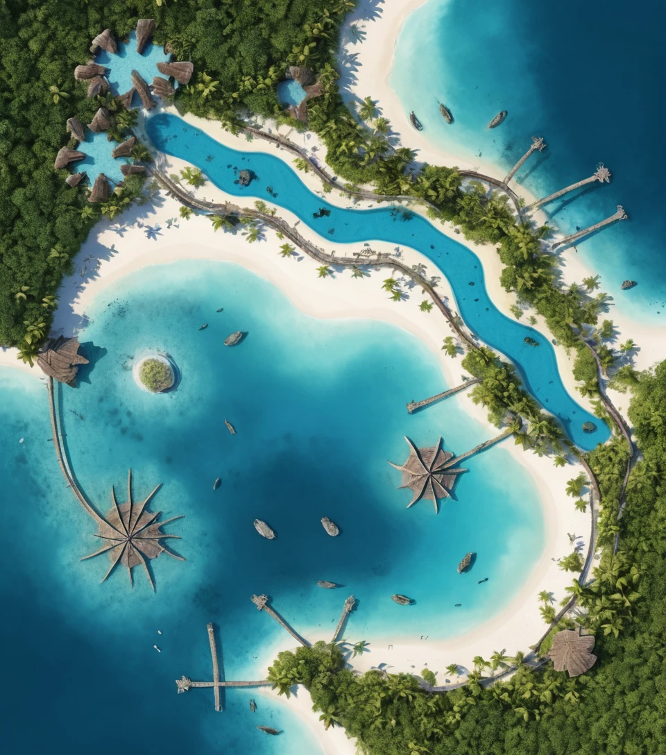 Aerial view of a crab shaped tropical atoll water park