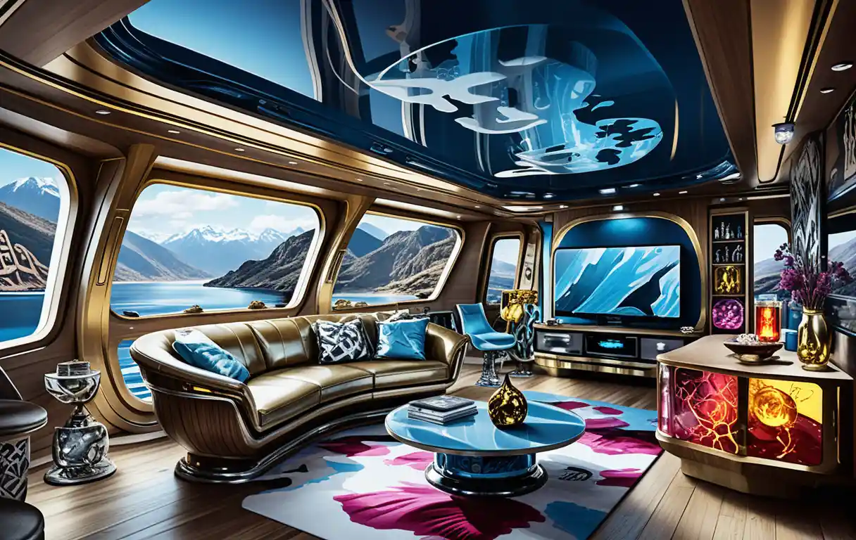 Futuristic luxury houseboat interior glowing against dark mountains