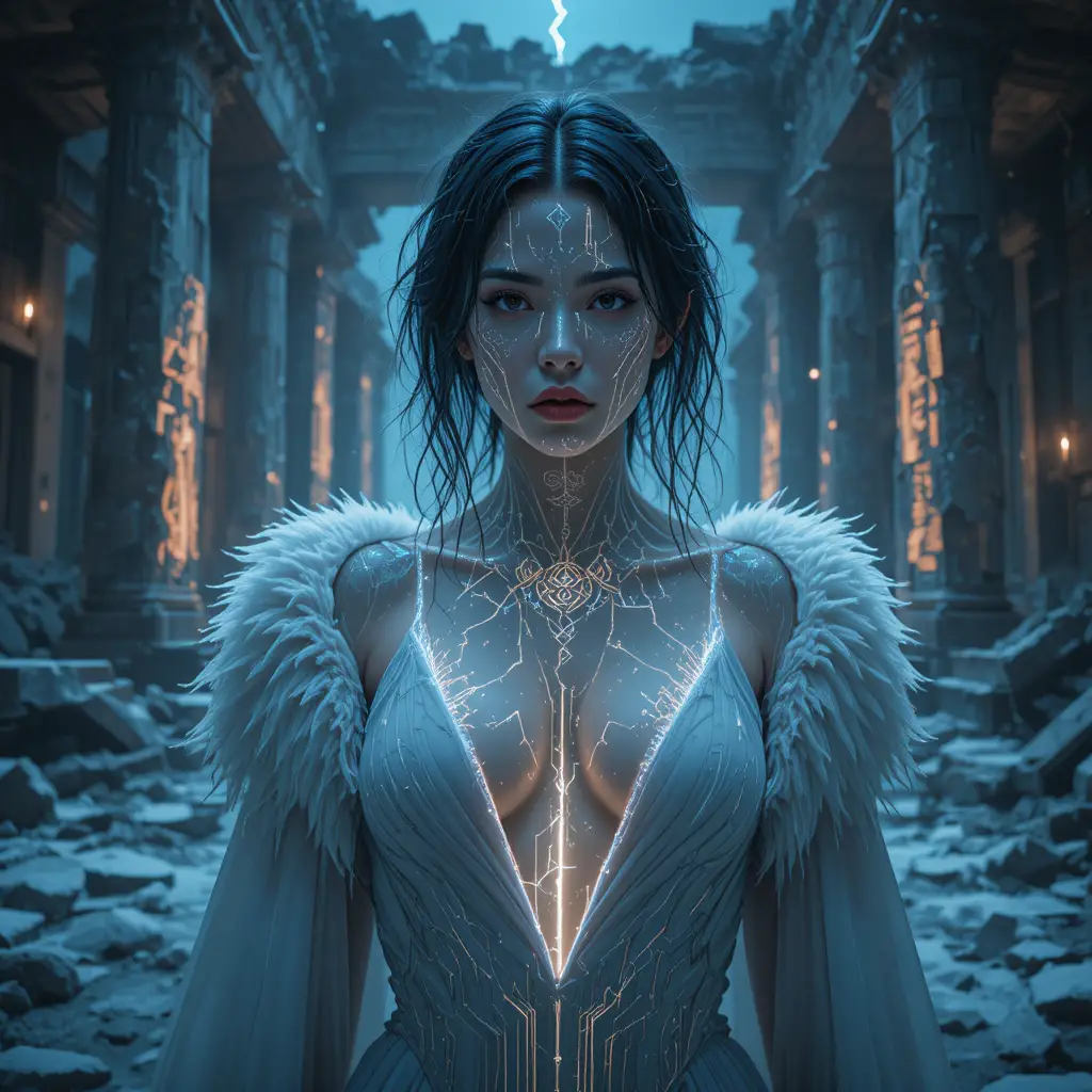 Cyber mystic woman in a frozen shattered temple close up