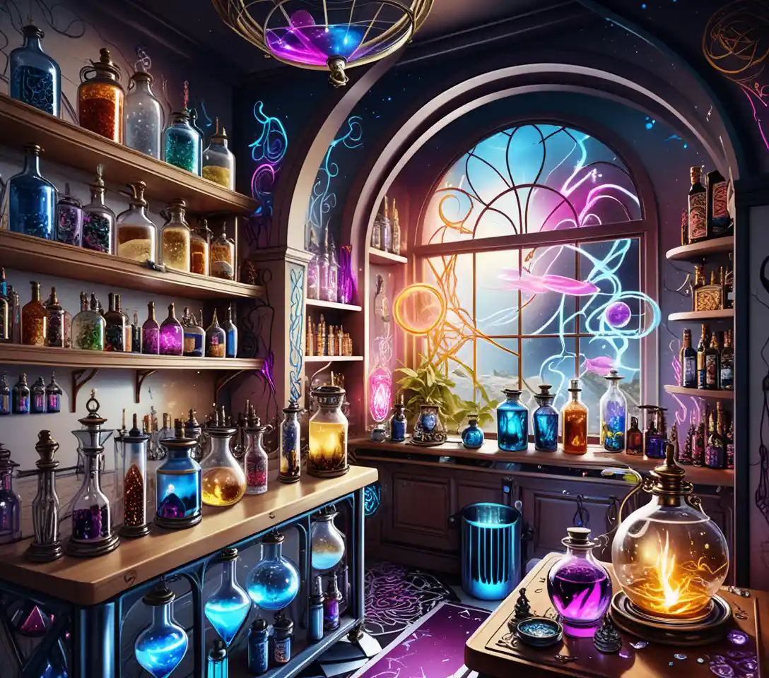 Sunlit fantasy apothecary with blonde woman mixing potions