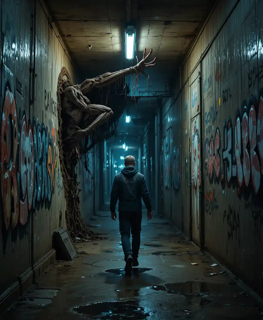 Emaciated monster stalking a teenager in an urban underpass