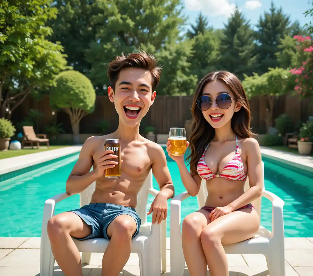 Friends laughing by a lush backyard swimming pool