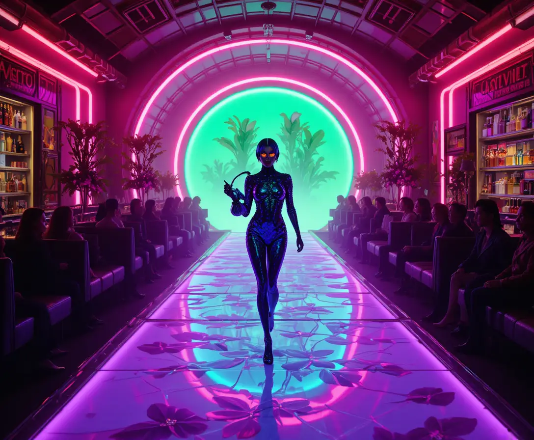 Retro sci fi boutique runway with dramatic heterochromia model