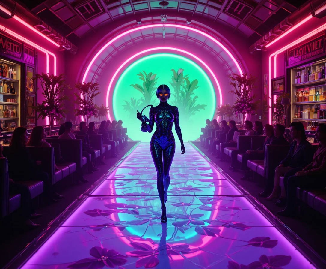 Retro-Sci-Fi-Boutique-Laufsteg mit dramatischem Heterochromie-Model