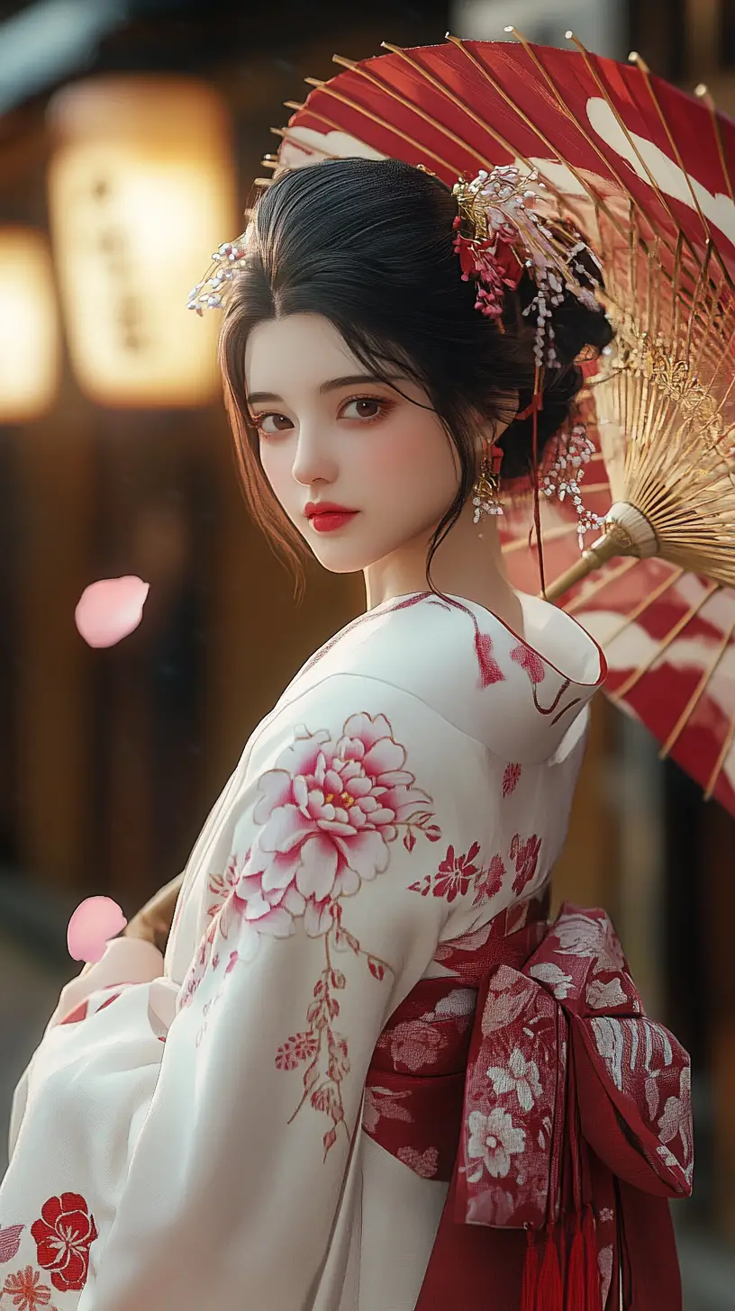 Elegant woman in floral kimono under cherry blossom parasol