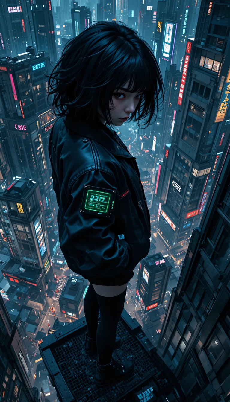 Gothic-Mädchen auf hohem Steg über einer neonbeleuchteten Cyberpunk-Stadt
