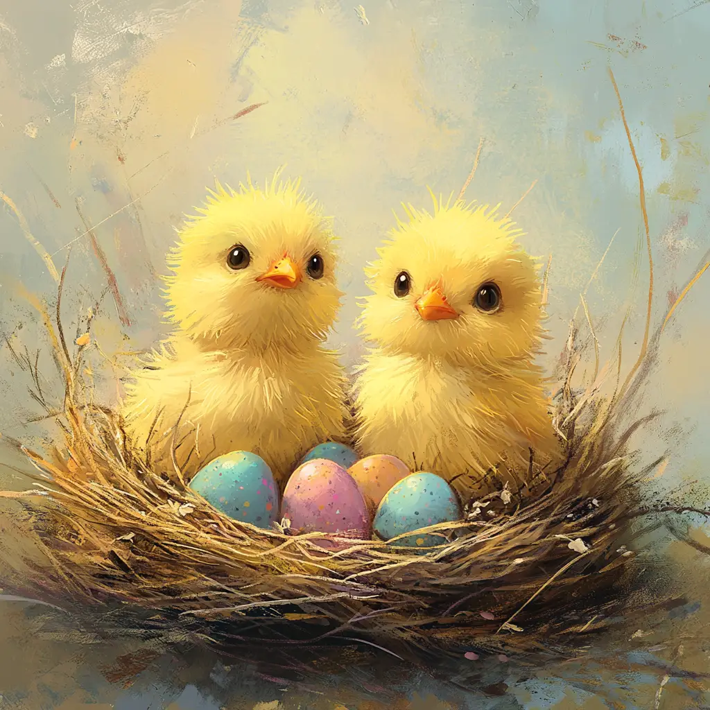 Cute yellow chicks with Easter eggs in nest illustration
