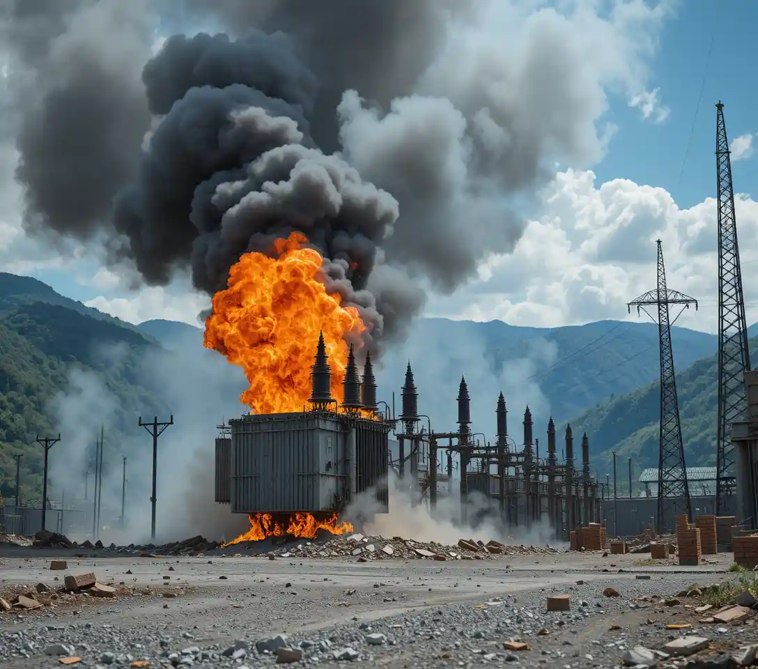 Burning electrical transformer at substation with thick black smoke