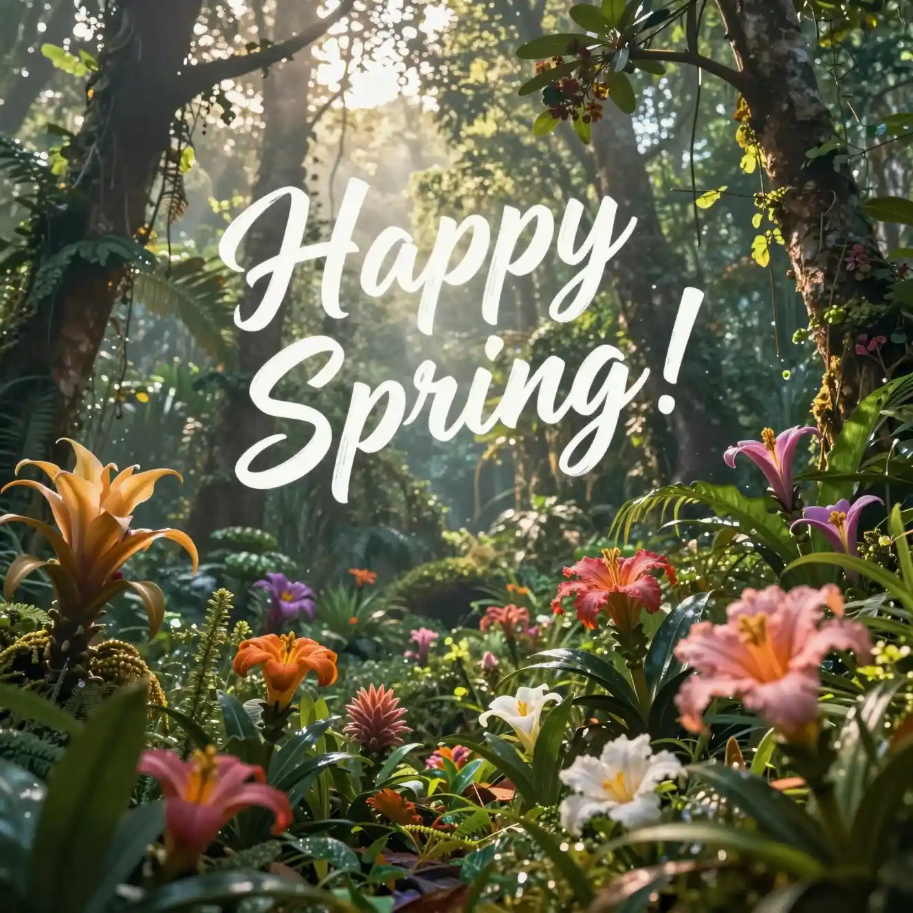 Texte « Happy Spring » dans une scène matinale de forêt tropicale luxuriante