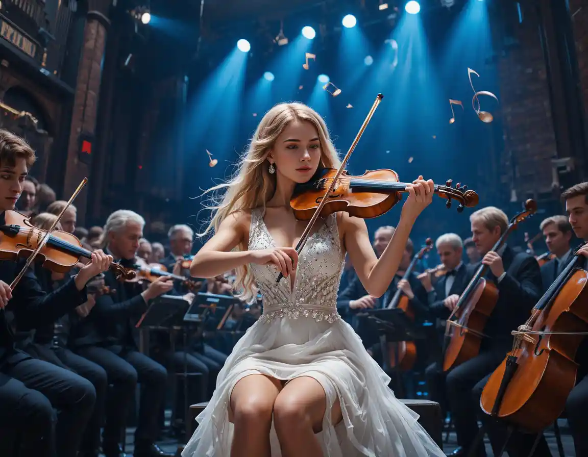 Blonde violinist in white dress on symphony concert stage