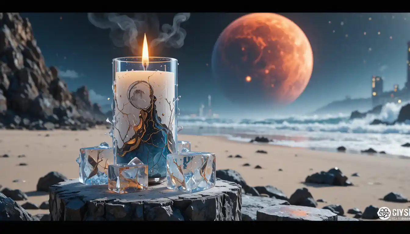 Glowing surreal candle on stone amid cosmic ice field