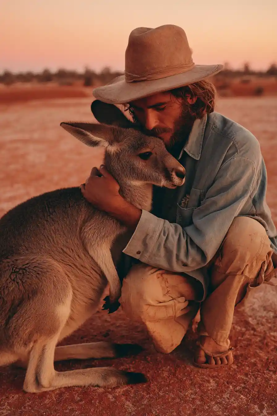 Man hugging a calm kangaroo at sunset in the outback