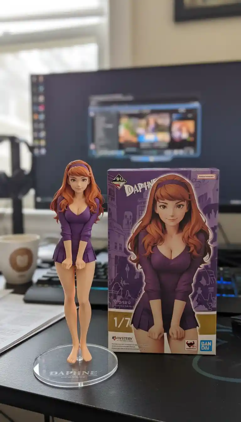 eine Anime-Figur und ihre Verpackungsschachtel auf einem Schreibtisch vor einem Computermonitor.