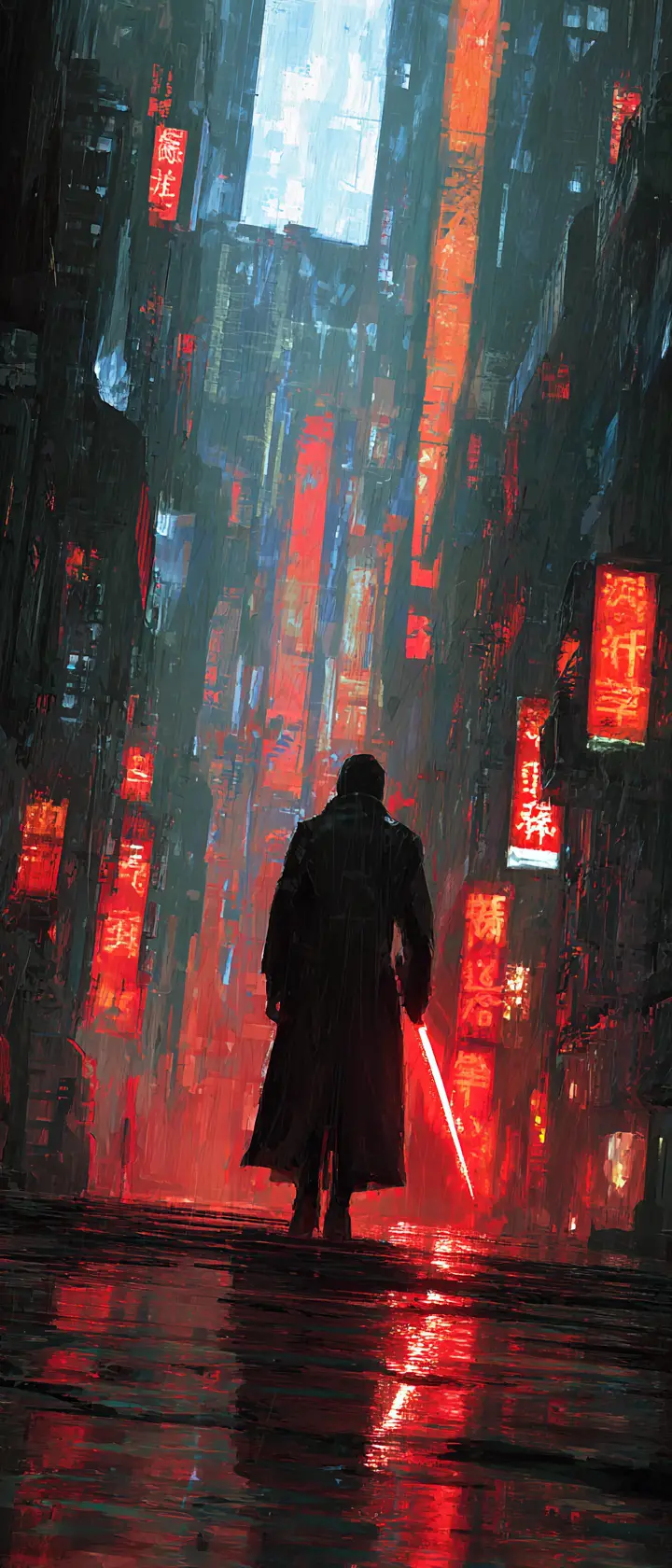 Anime cyber warrior woman walking through rainy city alley