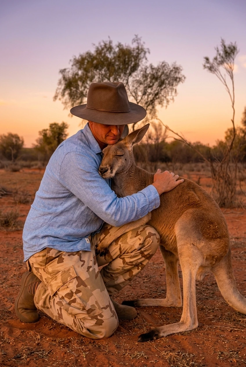 Man hugging a calm kangaroo at sunset in nature