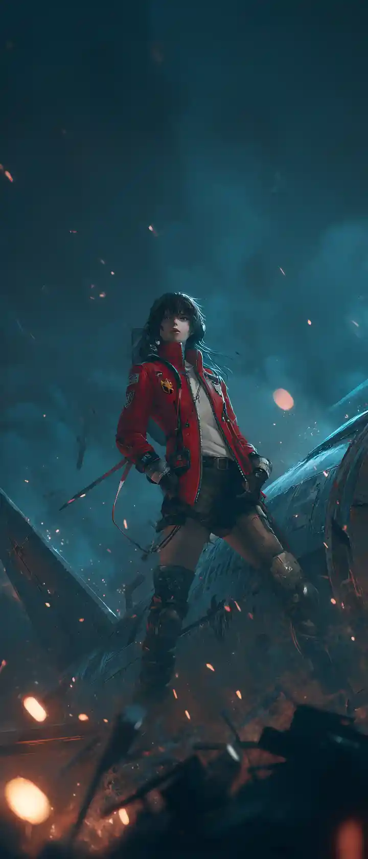 Anime rebel pilot on crashed dropship in burning sky