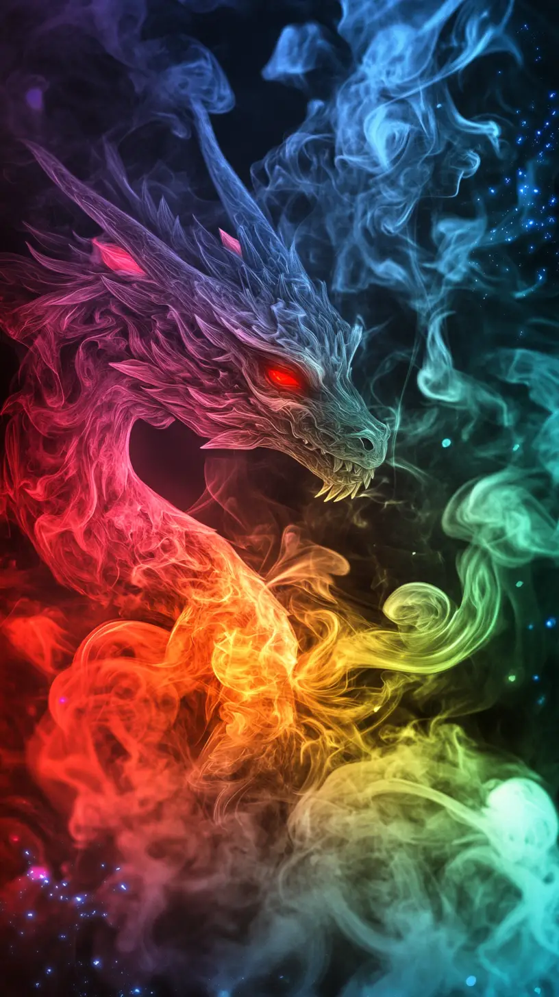 Rainbow smoke dragon with glowing red eyes in mist