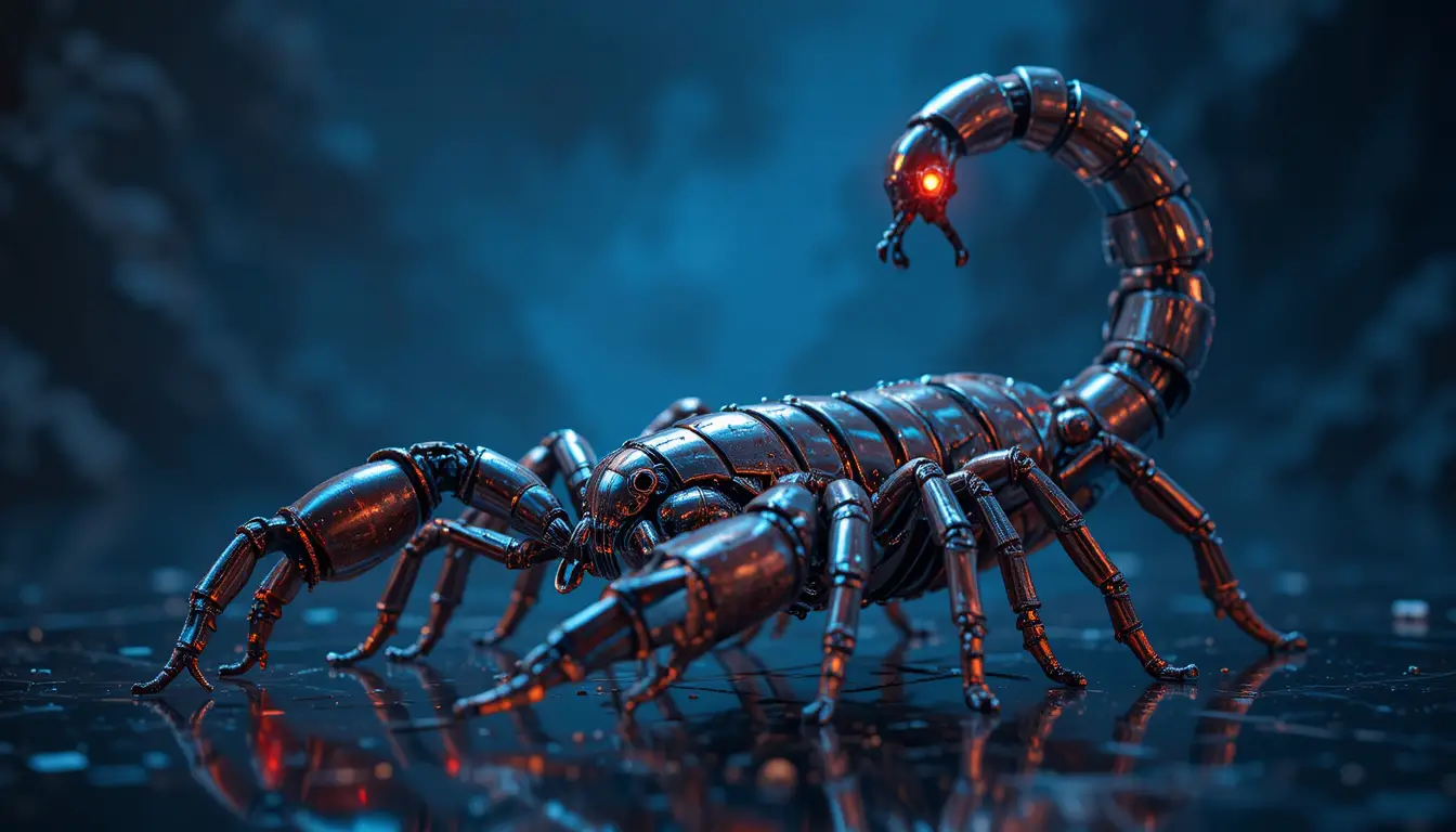 暗い反射面に立つ発光する目を持つメタリックな3Dサソリ