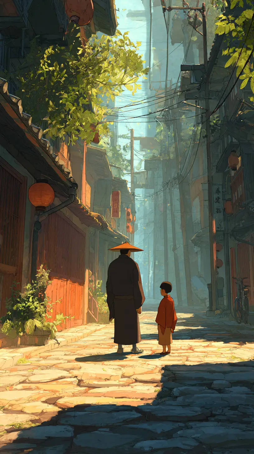 Monk Meeting Boy On Ancient Chinese Cobblestone Street