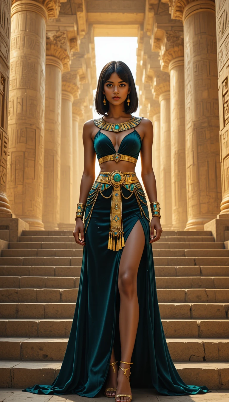 Mujer elegante como diosa egipcia en antiguo templo dorado