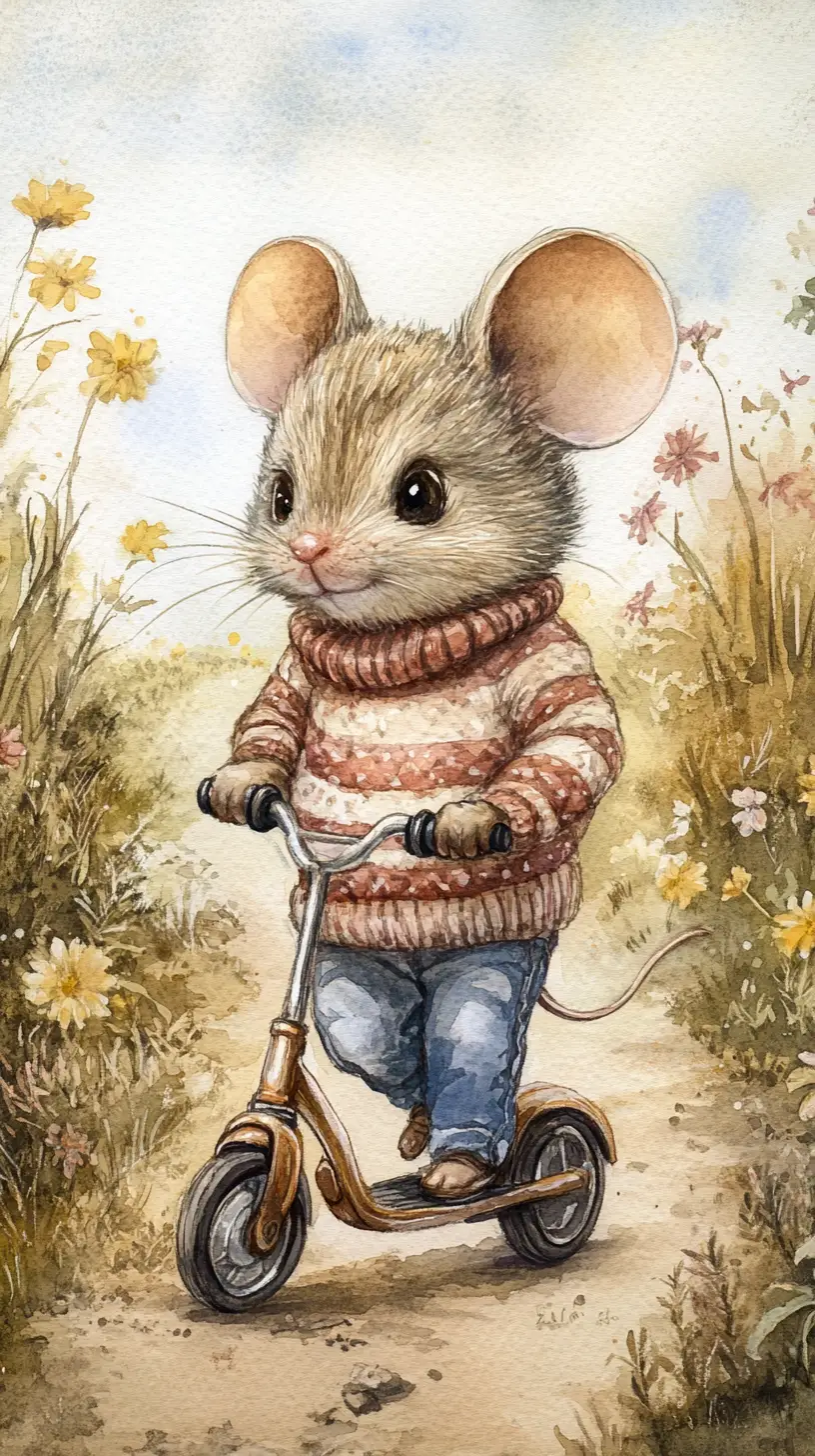 Cute mouse on scooter in rural watercolor scene