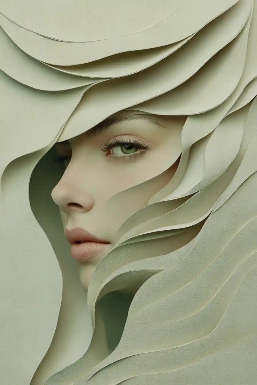 Surreal close up portrait of a woman with paper layers