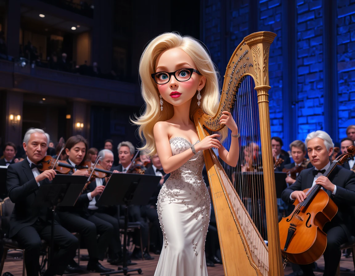 Blonde harpist in white sequin dress on concert stage