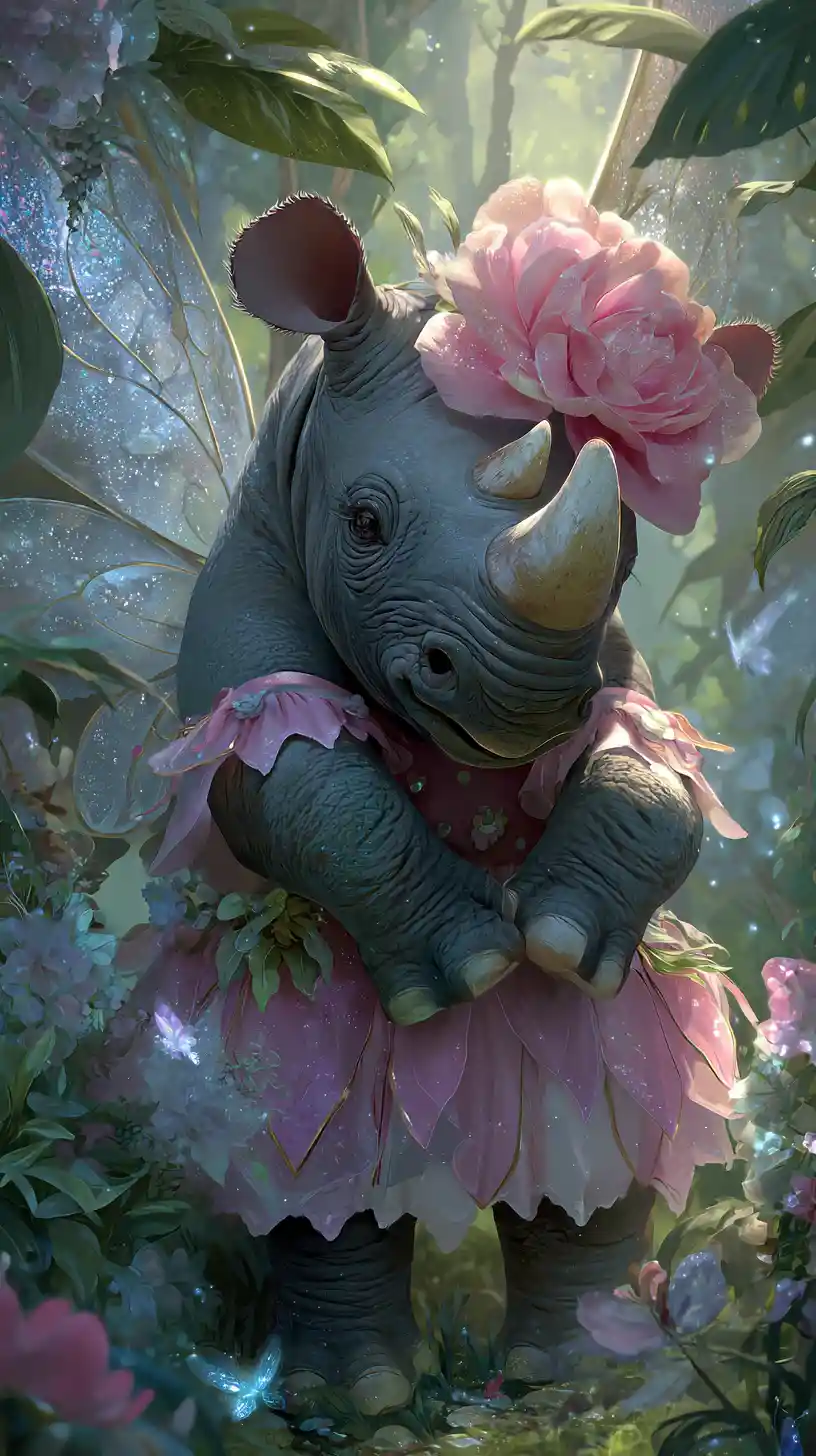 Cute rhinoceros fairy in a magical enchanted forest