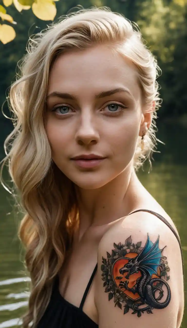 Blonde woman in forest lake with wet hair and tattoos