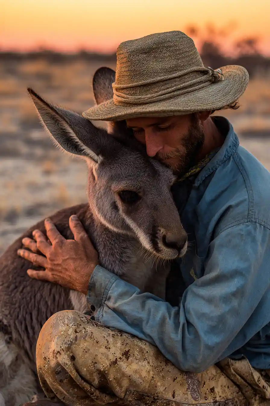 Man hugging a kangaroo at sunset in a quiet desert