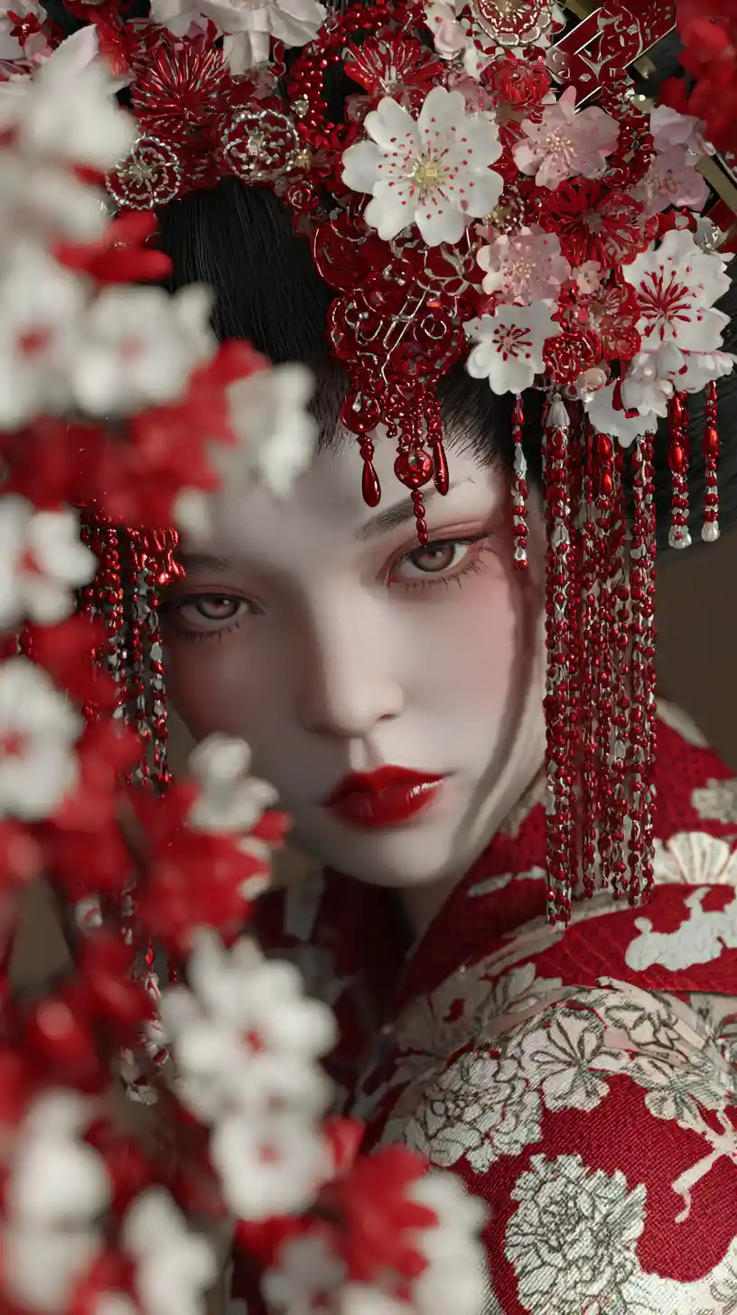 Elegant geisha portrait with floral headdress and kimono