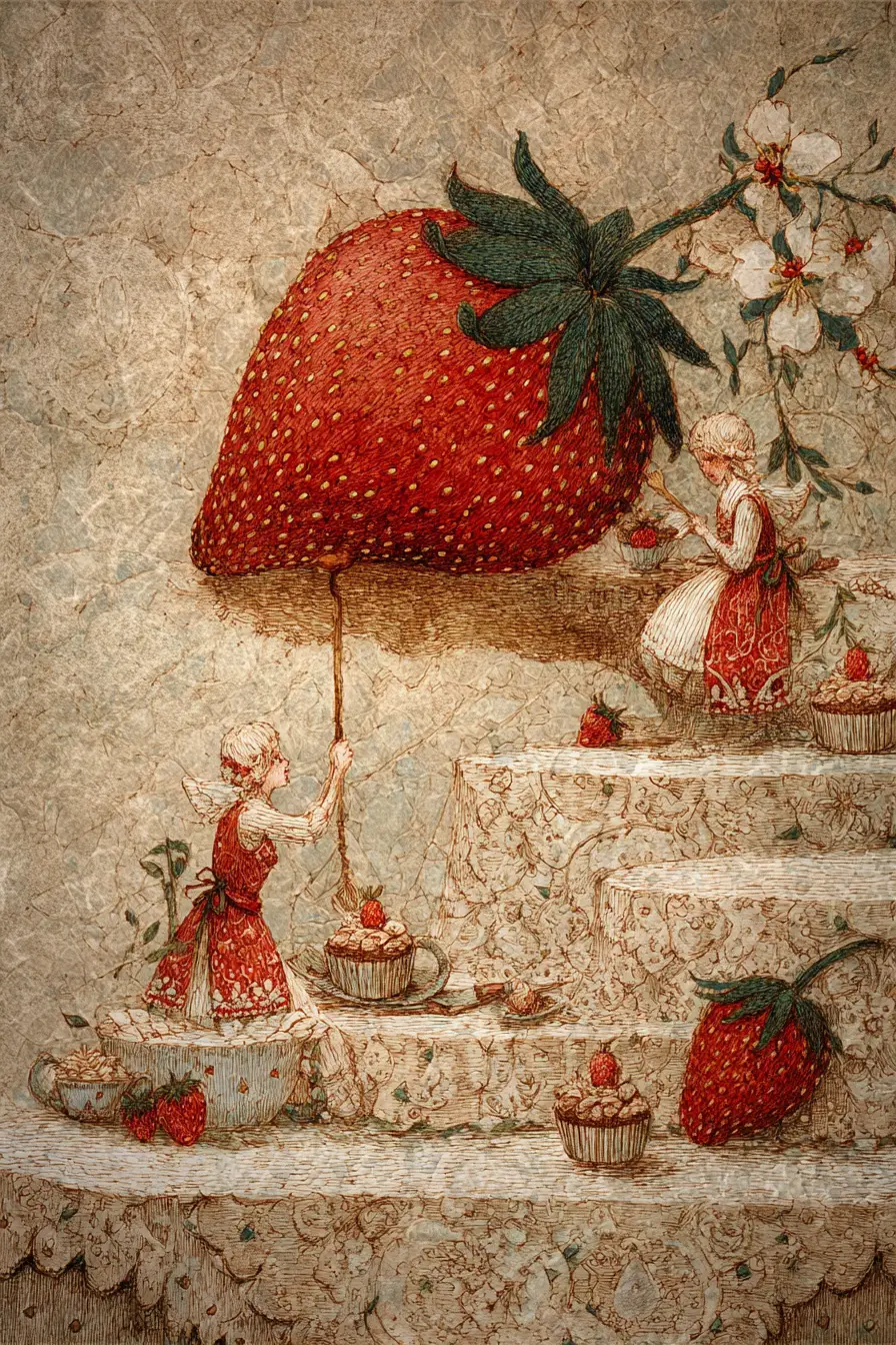 Strawberry miniature cafe with tiny fairies baking muffins
