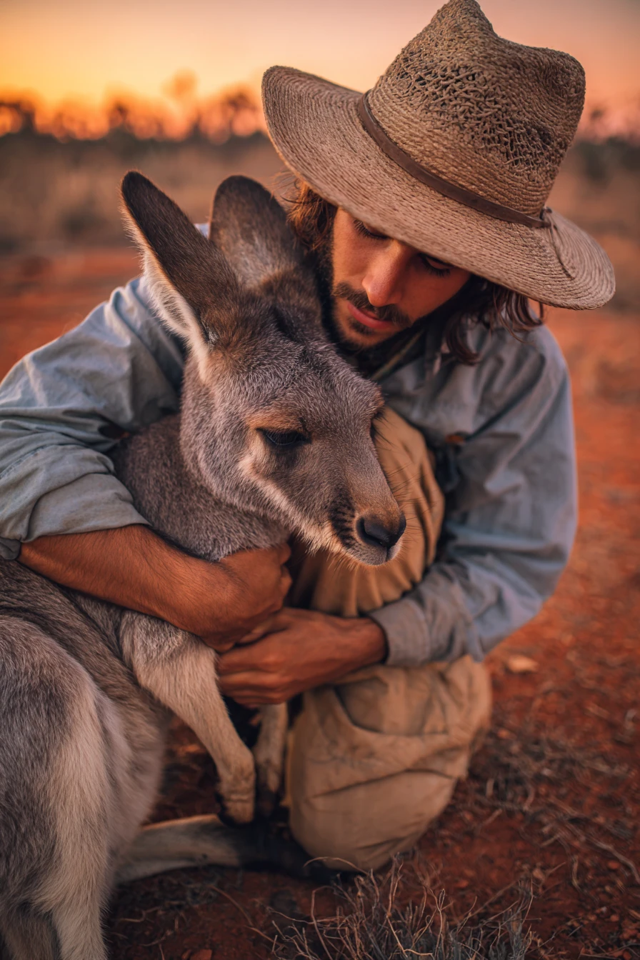 Man hugging a calm kangaroo at sunset outdoors