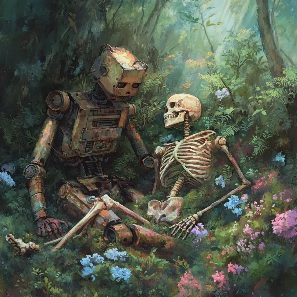 Robot et squelette humain se tenant la main sur un sol forestier couvert de mousse