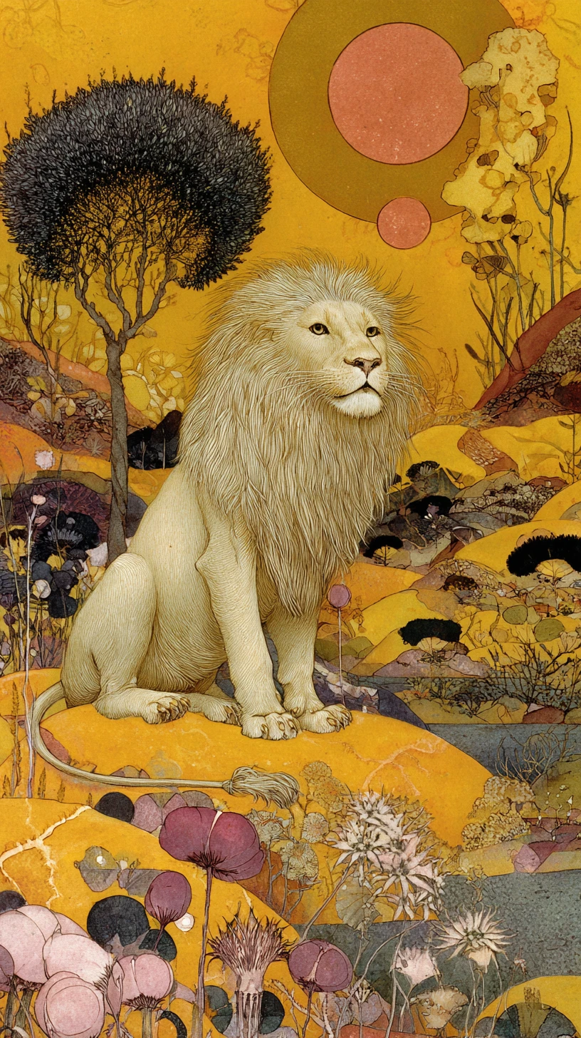 Lion of fire and timeless witch in joyful landscape