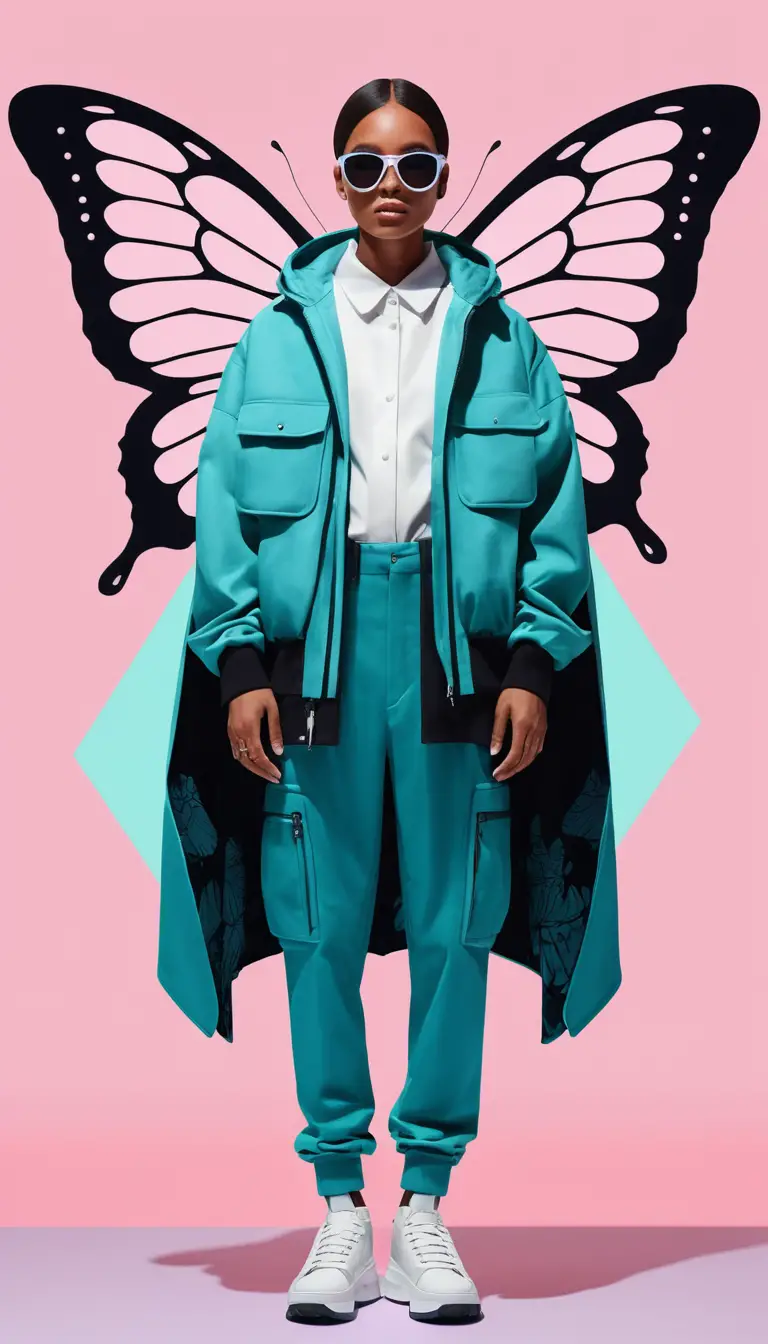 Anthropomorpher Schmetterling in luxuriöser urbaner Streetwear-Pose