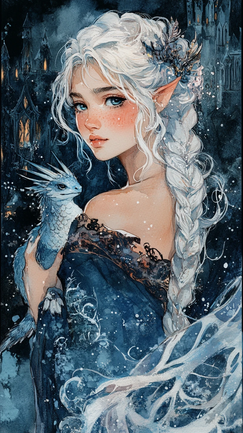 Young woman with white braids holding a tiny dragon
