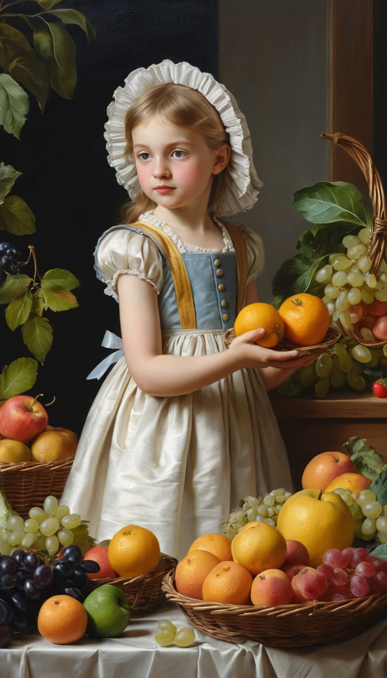 Giovane ragazza con i genitori che vende frutta in un mercato fiabesco